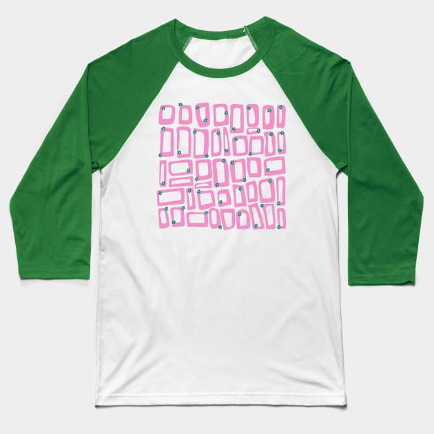 Groovy retro rectangles and flowers Baseball T-Shirt by lucybrownlane